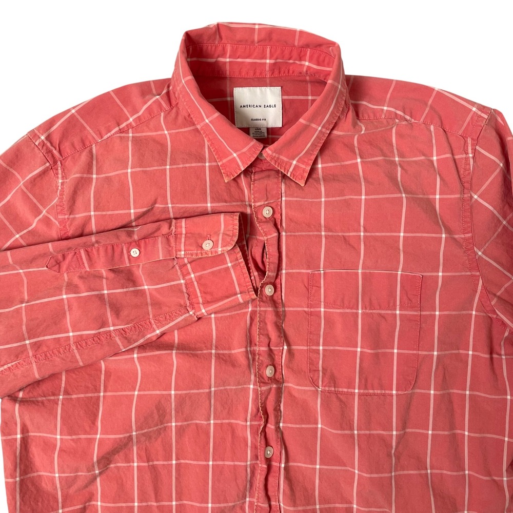 American Eagle Button Down Shirt Mens Large Pink Classic Fit Windowpane Check‎